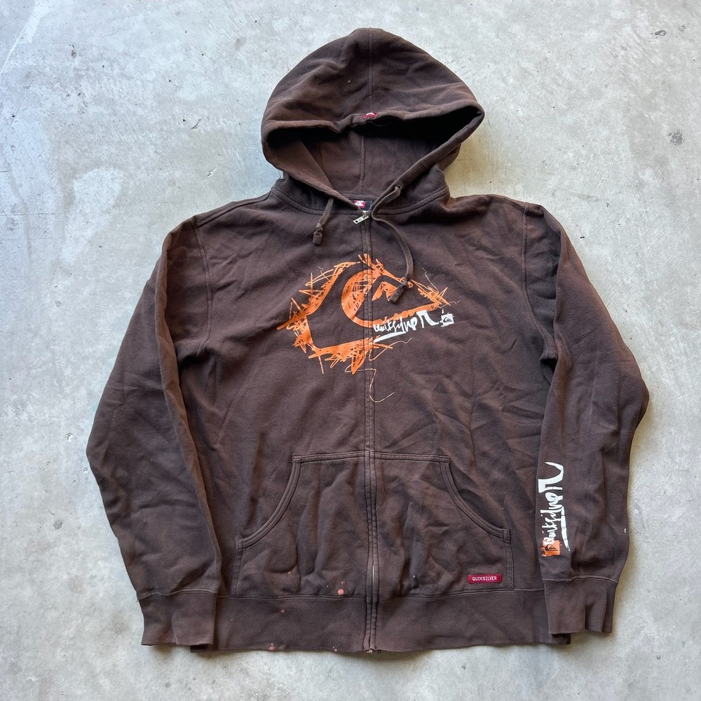 Vintage Quiksilver Brown Graphic Zip Up Hoodie Mens Large Orange Logo Skate Y2K